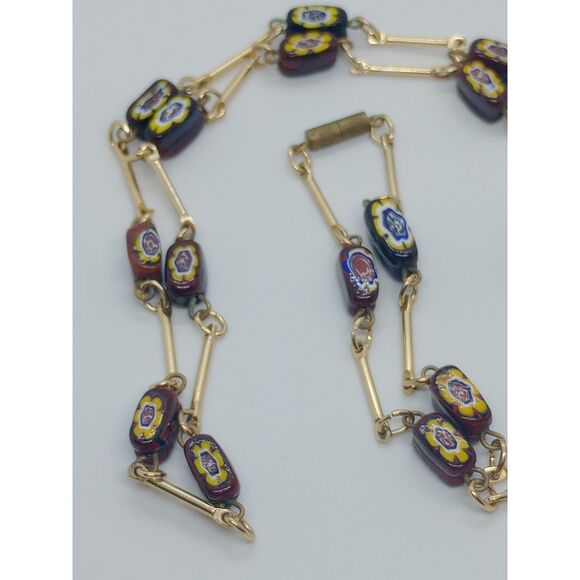 Vtg Murano Style Brown Black Yellow Floral Glass Gold Tone 30" Bar Link Necklace - Picture 3 of 5